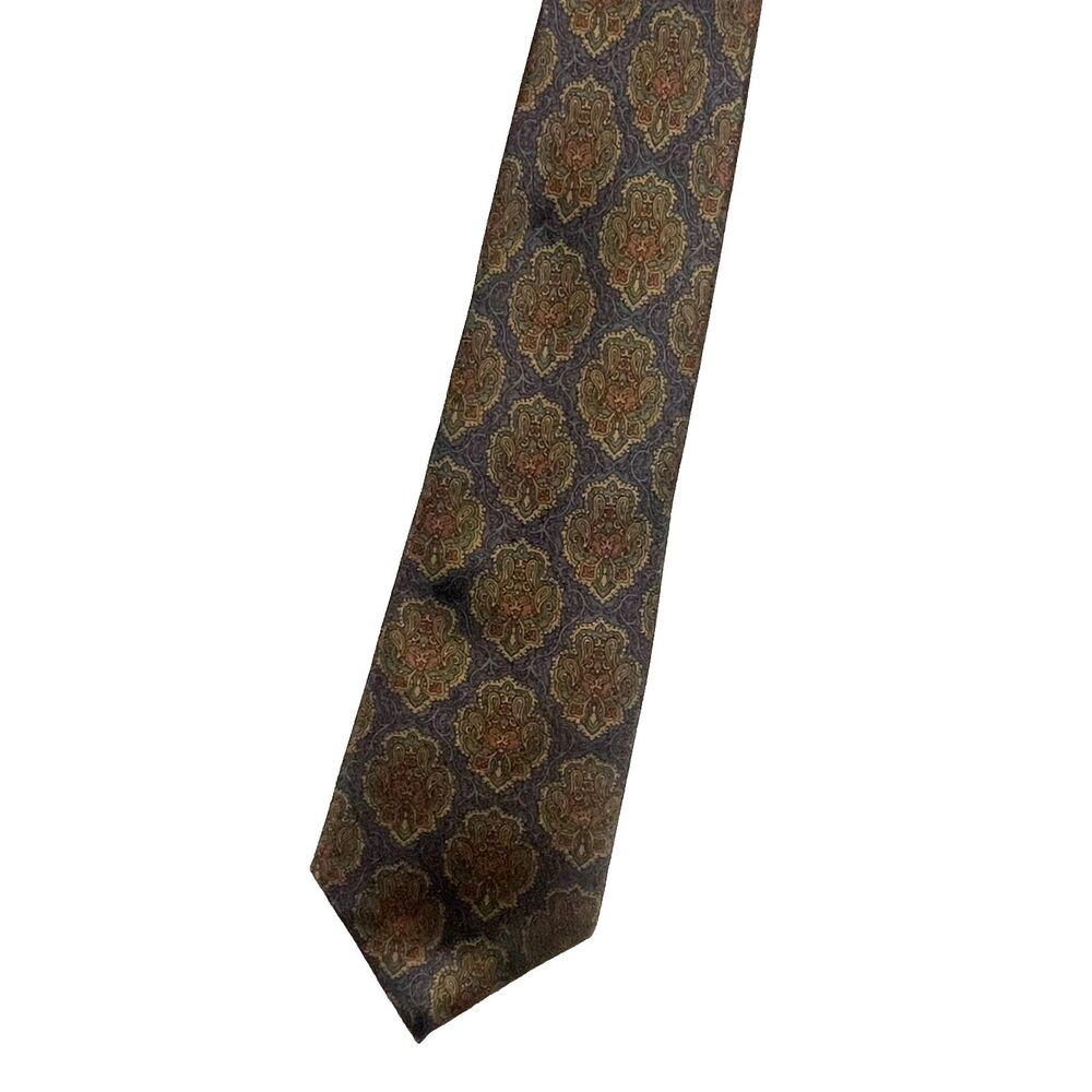 Biltwell Clothing Co. Vtg. Medallion Print 100% Italian Silk Tie Brown Gold USA